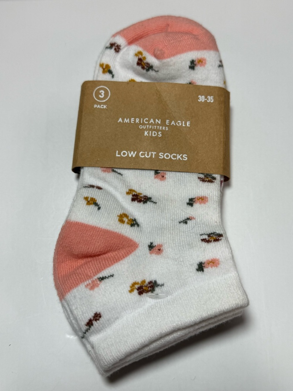 American Eagle Kids Low Cut Socks 3 Pack Floral White Pink Green Youth 12-3 NWT